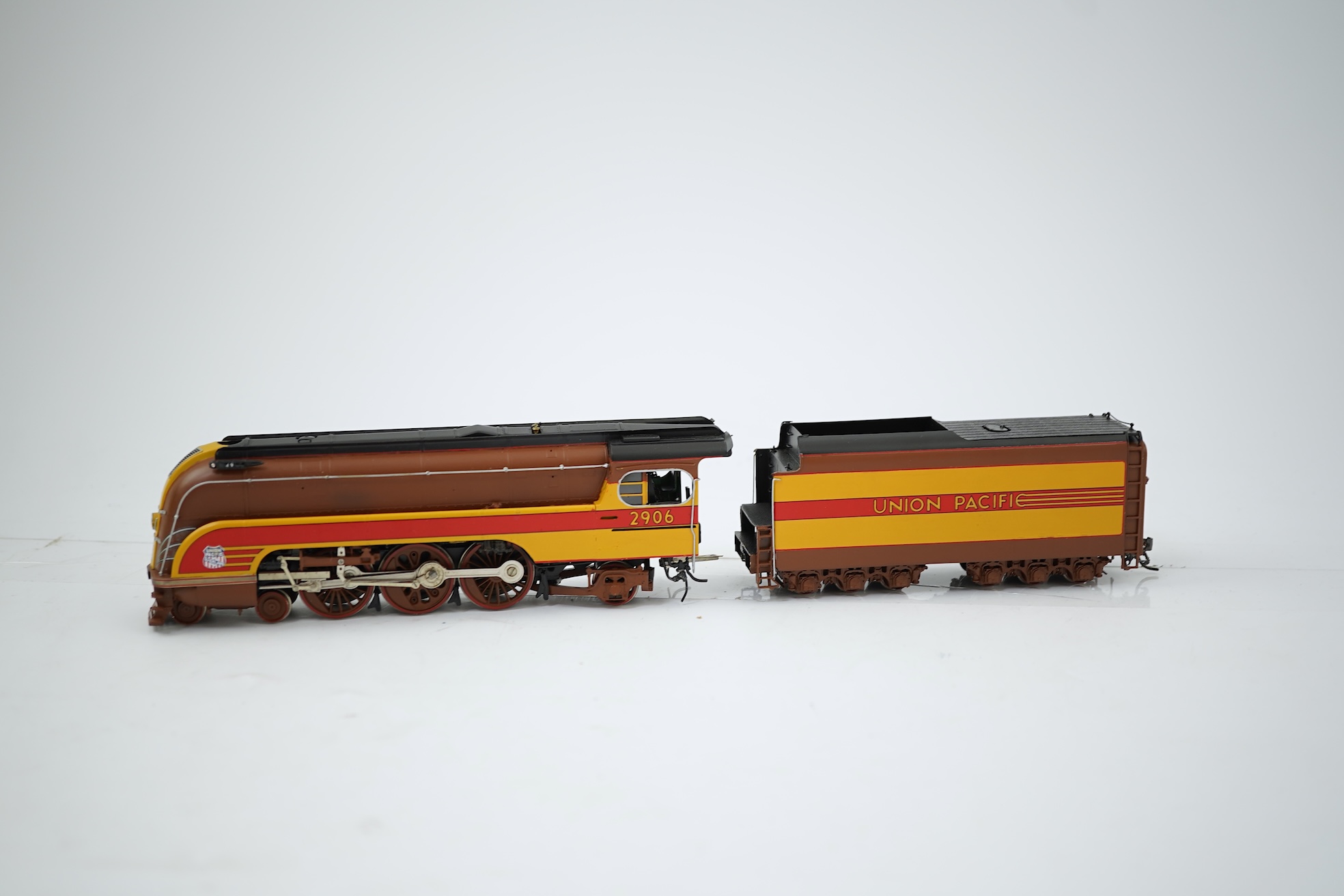 A boxed HO gauge Overland Models Inc. model of Union Pacific P77, 2906, streamlined 4-6-2 locomotive with bogie tender, powered for two rail operation.
